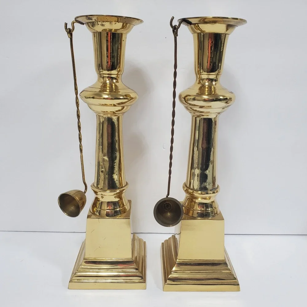Vintage Brass Candlestick‎ Holders Pair with Attached Snuffers Gold Large 11.75